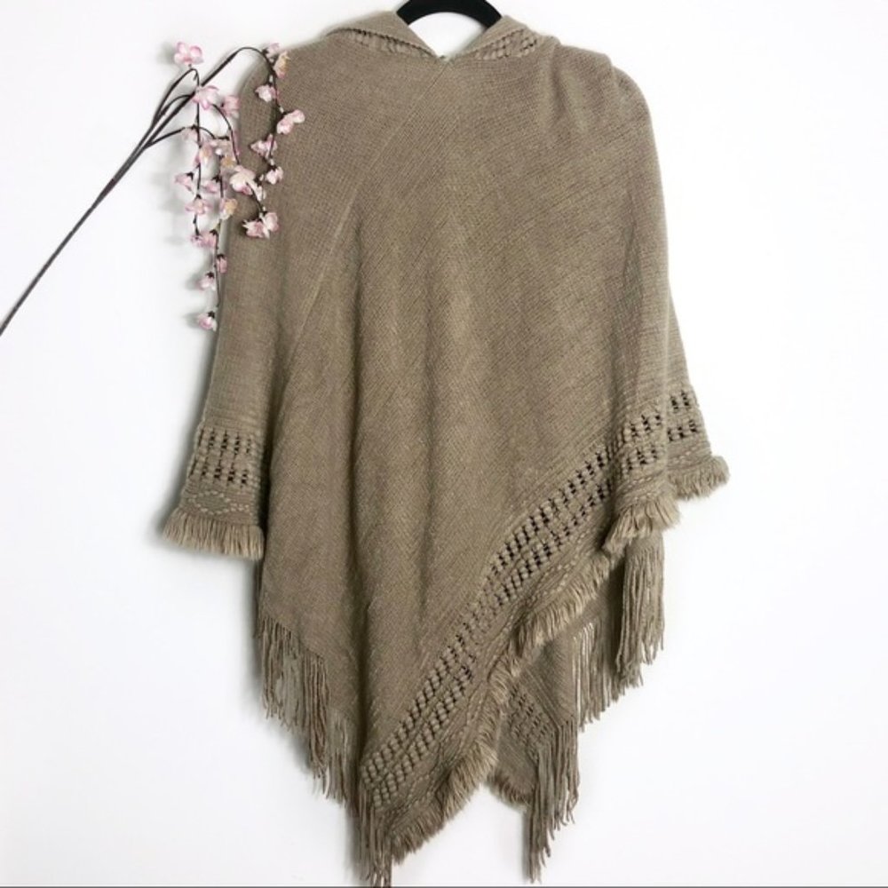 3/$30 Light Brown/Taupe Knit Hooded Fringed Poncho